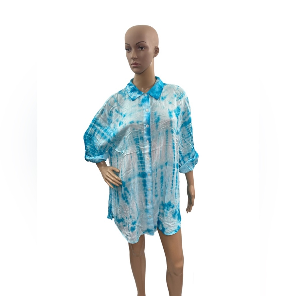 OSO Casual Long Roll Tab Sleeve  Blue Tie Dye  Button Up Shirt.